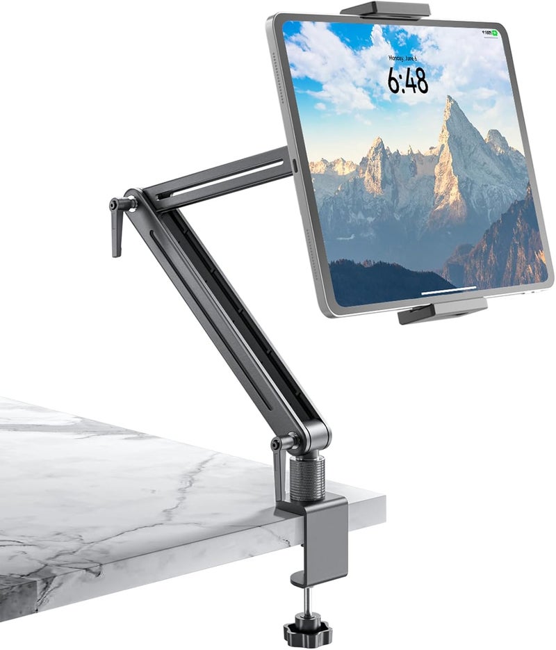 Jakeko Adjustable Tablet Mount for Desk - 360 Degree Rotating Base Tall Arm Holder Stand Swivel Flexible Clamp Soporte para Tablet/Portable Monitor/Ebook - Image 1